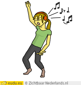 Een meisje danst op muziek en speelt luchtgitaar.