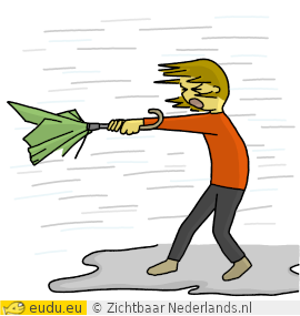 Het regent hard en het stormt.