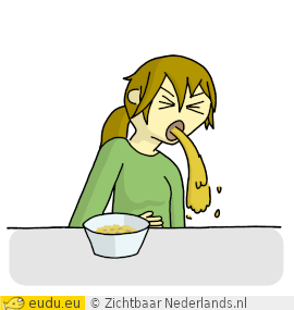 Een meisje moet overgeven nadat ze het eten geproefd heeft.