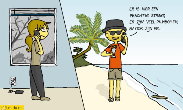 Een telefoongesprek tussen iemand op een tropisch strand en iemand thuis in een land waar het regent.