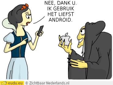 Een oude vrouw geeft Sneeuwwitje een Apple-logo
