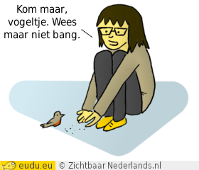 Een meisje voert een vogeltje: Kom maar vogeltje, wees maar niet bang.