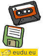 een cassettebandje en een floppy