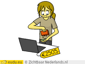 Een laptop kost €2505, maar in Sannes portemonnee zitten maar enkele biljetten en muntjes.