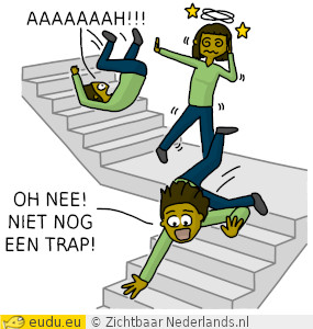 Een meisje valt van een trap en daarna van een tweede trap.