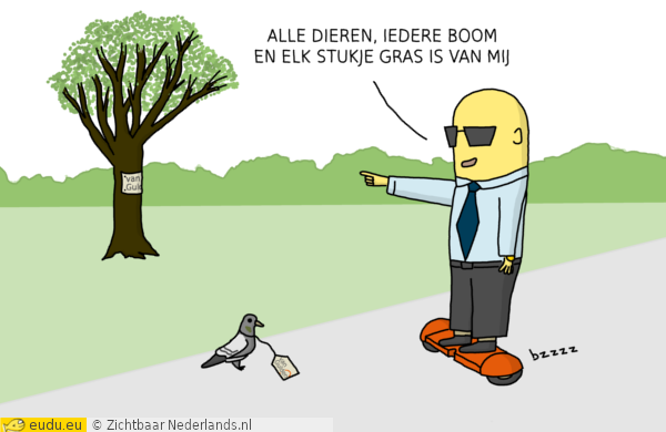 De directeur rijdt op een hoverboard door een park. - Ook alle dieren en elke boom is van mij.