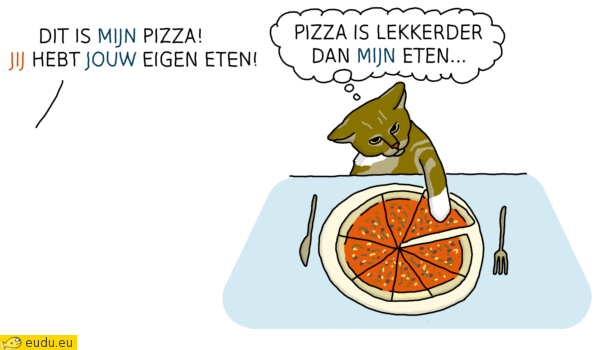 Een kat die een stuk pizza eet.