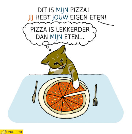 Een kat die een stuk pizza eet.