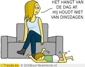 Een kind ligt op de grond te gillen. De moeder: Het hangt van de dag af. Hij houdt niet van dinsdagen.