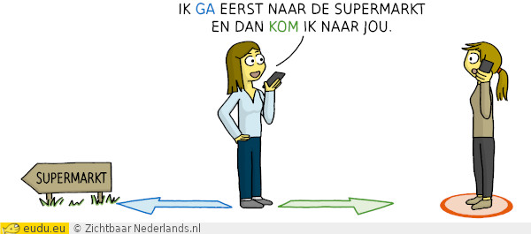 Een meisje belt en zegt: Ik ga eerst naar de supermarkt, en dan kom ik naar jou.