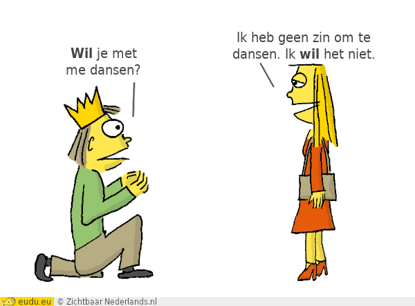 Prins: Wil je met me dansen? - Princes: Ik heb geen zin om te dansen. Ik wil het niet.