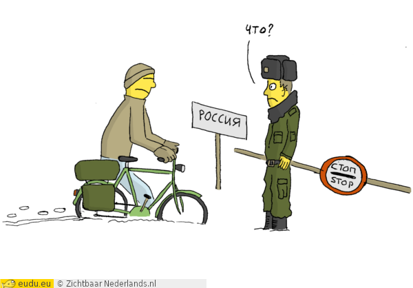 Een fietser bij de Russische grens.